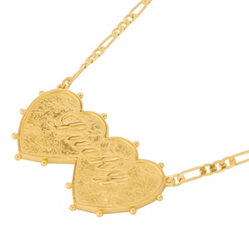 Model with Daisy Jewellery Shrimps Double Heart Lucky Necklace in 18ct gold plate, featuring twin engraved hearts on a fine chain