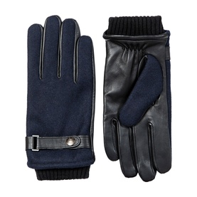 Dents navy and black men's gloves with leather palm, strap detail, and ribbed knit cuff trim