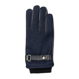 Dents navy and black wool gloves with leather trim detailing, buckle strap at wrist, and ribbed knit cuff