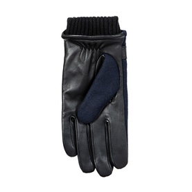 Dents navy and black leather gloves with ribbed knit cuff and contrast panel detail, laid flat.