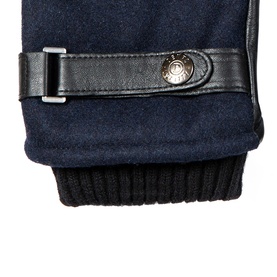 Dents navy and black suede gloves with leather strap detail, silver snap fastening, and ribbed knit cuff