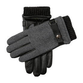 Dents charcoal and black men's gloves with ribbed knit cuffs, leather palm panels and silver press-stud detail