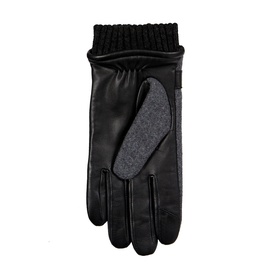 Dents charcoal and black leather gloves with ribbed knit cuff and grey wool panel detail, flat lay view