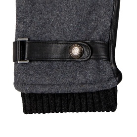 Dents charcoal and black wool gloves with leather strap detail, press-stud fastening, and ribbed knit cuff.