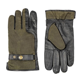 Dents Black/Olive leather and suede gloves with gold-tone stud strap detail and gathered wrist, pair displayed flat