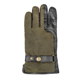 Dents 3049 General gloves in black and olive, suede and leather construction with gold-tone buckle strap detail at wrist.