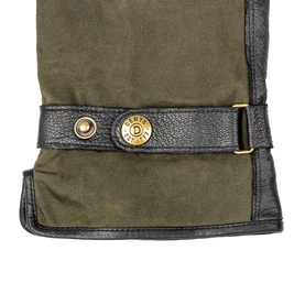 Dents Black/Olive gloves close-up showing gold-tone snap button, branded logo detail and contrast leather trim band