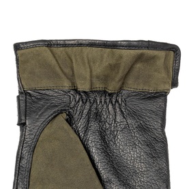 Dents Black/Olive leather and suede men's gloves, close-up detail showing contrast panel and elasticated wrist