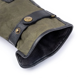 Dents Black/Olive suede and leather gloves with gold-tone snap button detail and black fleece lining visible at cuff