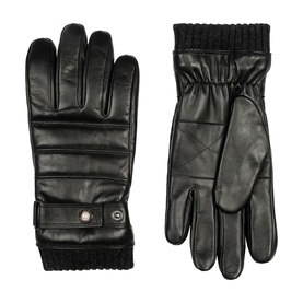 Dents black leather gloves with ribbed knit cuffs, quilted detailing, and press-stud tab on wrist