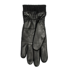 Dents black leather gloves with ribbed knit cuff and stitched panel detailing, single glove flat lay