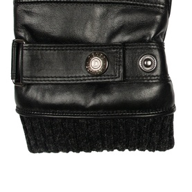 Dents black leather gloves with silver press-stud strap detail and dark knit cuff trim, close-up view