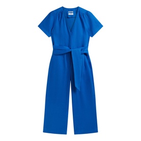 Hobbs sapphire blue short sleeve V-neck jumpsuit with wide-leg crop trousers and self-tie belted waist