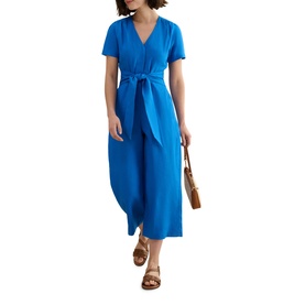Model wearing Hobbs sapphire blue short-sleeve wrap-style midi dress with tie waist, styled with tan sandals and brown bag