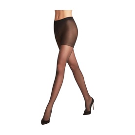 Model wearing Falke black sheer tights with smooth waistband, shown from waist down with pointed-toe heels.