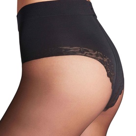 Model wearing Falke black tights with lace detail panel, styled with high-waisted brief silhouette, close-up rear view.