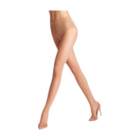 Model wearing Falke tights in powder, sheer finish, styled with nude heels, full leg view on white background.