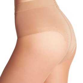 Model wearing Falke tights in powder, shown from waist to upper thigh highlighting the sheer smooth fit and brief-style panty section.