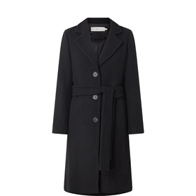 InWear black wool-blend belted coat with notch lapel, single-breasted button fastening, and self-tie waist belt