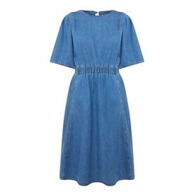 InWear Glenn Denim Dress in Faded Blue, round neck, wide short sleeves, elasticated waist, flared midi skirt, mid wash denim