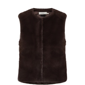 InWear Chocolate Brown faux fur gilet with collarless neckline and sleeveless silhouette