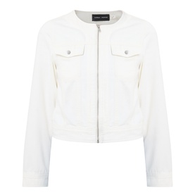 InWear Gladys Zip Denim Jacket in Ecru Melange, collarless with front zip, two chest flap pockets and long sleeves