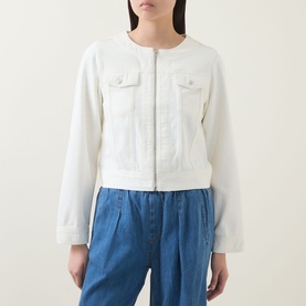 Model wearing InWear Gladys Zip Denim Jacket in Ecru Melange, collarless with chest pockets, styled with blue wide-leg trousers