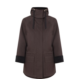 InWear Chocolate Brown cotton jacket with high funnel neck, drawstring hood, front pockets, and contrast black cuffs and collar trim