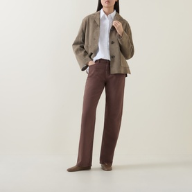 Model wearing InWear Gladys Straight Leg Jeans in Coffee Quartz, styled with a brown check blazer and white shirt.