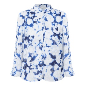 InWear Cielle Illuminating Florals Blouse in Blue Blurr, standing collar, button front, long sleeves with elasticated cuffs, dipped hemline
