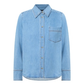 InWear Bleach Denim shirt in light blue, relaxed fit with chest pocket, pointed collar, and gold-tone buttons