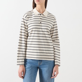 Model wearing InWear Vanilla Tri striped long-sleeve polo T-shirt in cream and grey, styled with blue jeans.