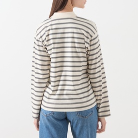 Model wearing InWear Vanilla Tri stripe cotton long-sleeve T-shirt, back view, styled with blue jeans