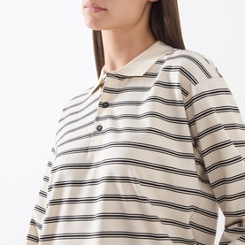 Model wearing InWear Vanilla Tri striped cotton polo T-shirt with navy horizontal stripes and button placket, close-up view