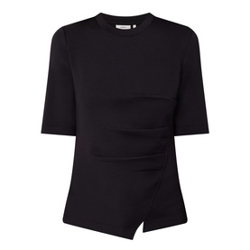 InWear Far Vincent Ruched T-Shirt in black with round neckline, short sleeves, front ruching, and notched hemline.