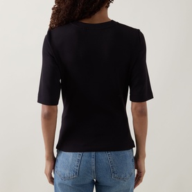 Model wearing InWear Far Vincent Ruched T-Shirt in black, back view, short sleeves, styled with light blue jeans.