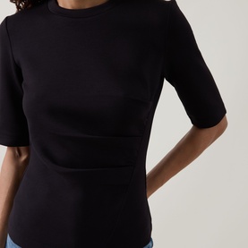 Model wearing InWear Far Vincent Ruched T-Shirt in black, showing round neckline, short sleeves and ruched front detail.