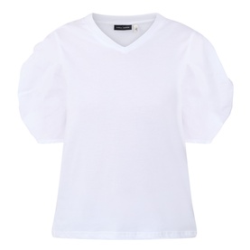 InWear Gudrun Puff T-Shirt in Pure White with V-neckline, short ruched puff sleeves and straight hemline
