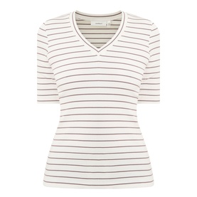 InWear Dagnal Striped T-Shirt in Vanilla/Coffee, V-neckline, short sleeves, straight hem, fitted ribbed cotton stretch fabric