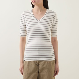 Model wearing InWear Dagnal Striped T-Shirt in Vanilla/Coffee, V-neckline, short sleeves, paired with khaki trousers.