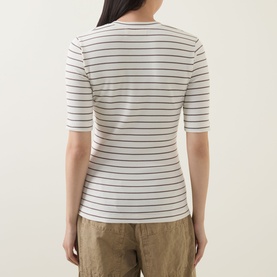 Model wearing InWear Dagnal Striped T-Shirt in Vanilla/Coffee Q, back view, short sleeves and straight hem, paired with khaki trousers.