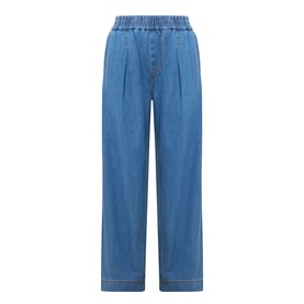 InWear Glenn Pleated Denim Trousers in Faded Blue, wide-leg silhouette with elasticated waistband, front pleats and tobacco stitching