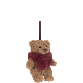 Jellycat bear Christmas decoration in tan with burgundy faux fur scarf and ribbon hanger, small size