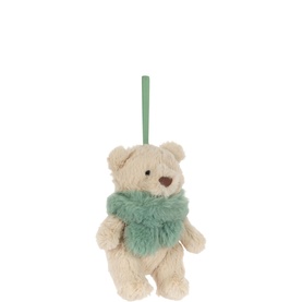 Jellycat cream bear Christmas decoration with sage green fluffy scarf and hanging ribbon, small soft toy ornament