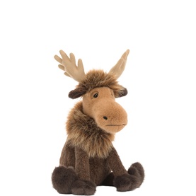 Jellycat plush moose soft toy with dark brown fur body, fluffy ruff, and cream antlers, seated upright