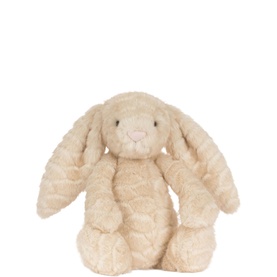 Jellycat cream plush bunny soft toy with long floppy ears, textured fur, and small pink nose, medium size