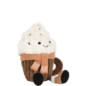 Jellycat plush hot chocolate cup soft toy with cream topping, knitted scarf, and smiley face, in brown and cream tones