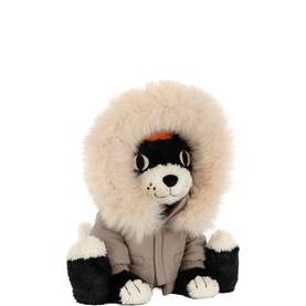 Jellycat plush soft toy husky dog in cream faux fur hood, grey jacket and black paws, seated upright