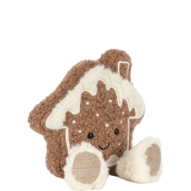 Jellycat gingerbread house plush toy in brown and cream textured fabric with white dot details and smiley face
