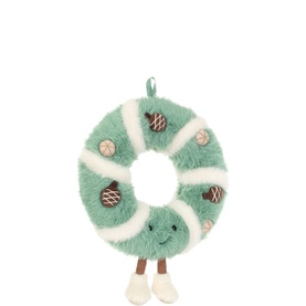 Jellycat green Christmas wreath plush soft toy with cream swirls, pinecone embroidery, smiley face, and small legs